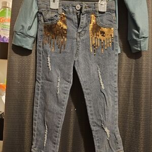 Kids Denim and Teal Matching Set with Gold Accents